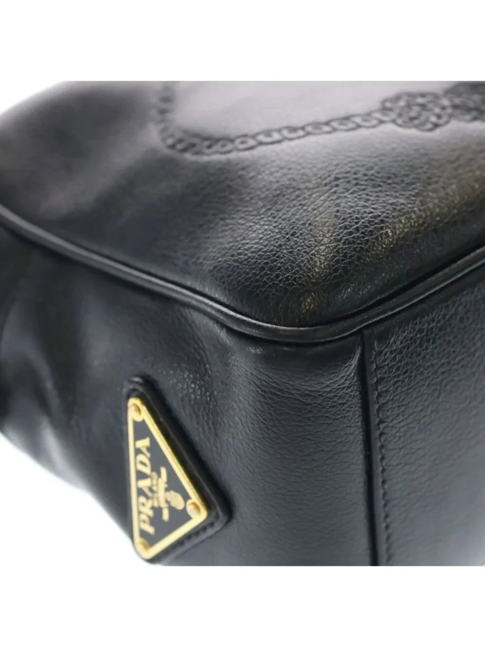 Prada Embossed Logo Shoulder Bag Black Leather Gold